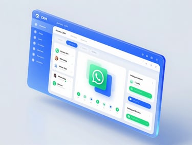 Sleek 3D render of a futuristic CRM interface, showing Kommo CRM integration, WhatsApp business, and intelligent automation flows, blue and green accents.