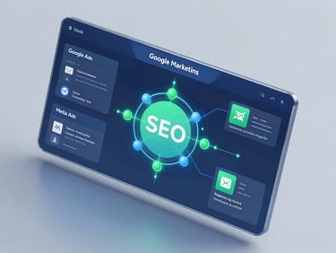 Sleek 3D render of a futuristic digital marketing dashboard, showing analytics for Google Ads, Meta Ads, and SEO, with glowing nodes representing content creation, blue and green accents.