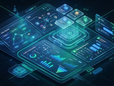 Sleek 3D render of a futuristic tech dashboard with sales pipeline, CRM, leads, conversions, graphs, WhatsApp integration, and AI floating cards, glowing blue and emerald green neon accents, clean glassmorphism, isometric view, wide aspect ratio.