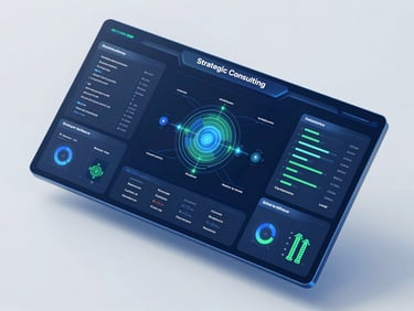 Sleek 3D render of a futuristic AI and BI dashboard, showing strategic consulting, business intelligence, artificial intelligence algorithms, and data analysis visualizations, blue and green accents.