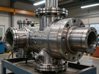 Close-up of a steel boiler unit under fabrication, welded seams and pipe flanges visible, industrial workshop floor, even task lighting from overhead fluorescents, no people