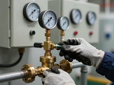 Technician's gloved hands adjusting a brass pressure relief valve on an in-service boiler, control panel with analog gauges in sharp background focus, task lighting highlighting the valve threads and pipe fittings, mechanical room wall visible behind