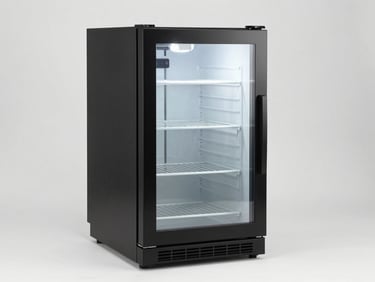 Compact matte black beverage chiller and wine cooler with glass door, showcasing pristine interior shelves, studio lighting.