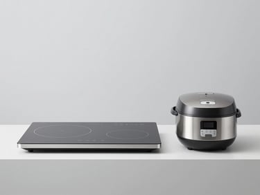 Minimalist stainless steel induction cooktop and digital rice cooker on a clean light grey studio background, straight-on framing.