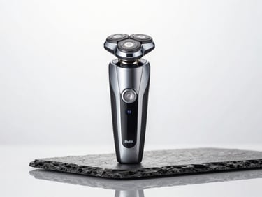 Sleek modern electric shaver standing upright on a reflective slate surface, bright overcast daylight, 50mm lens