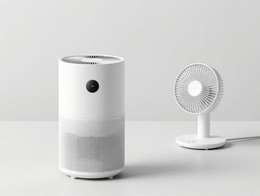 Sleek white cylindrical air purifier and a modern quiet desk fan, clean minimalist product photography.
