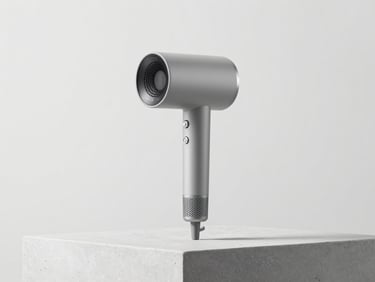Minimalist matte grey hair dryer with metallic accents on a clean concrete pedestal, high-key studio lighting, 50mm lens