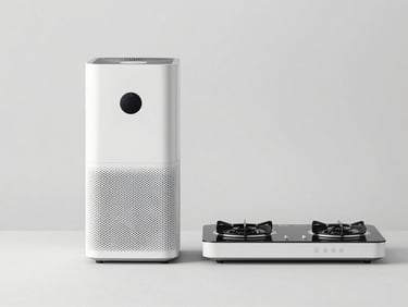 Straight-on clean catalog shot of a premium minimal air purifier and induction cooktop side by side on a light grey background with high-key studio lighting.