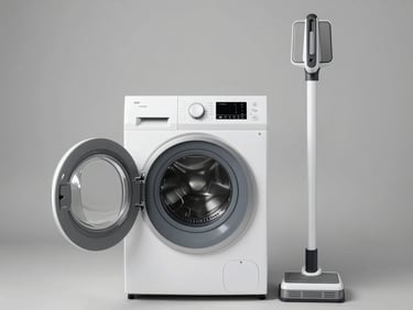 Modern front-load washing machine and a sleek upright garment steamer on a neutral grey background, crisp studio shot.