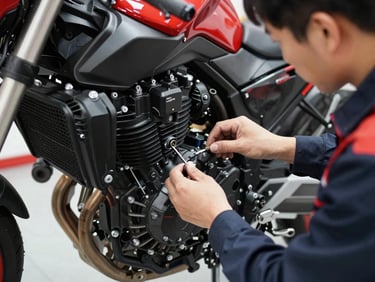Close-up of a mechanic performing a detailed general inspection on a motorcycle engine, clean tools, bright workshop lighting, high-contrast black and red tones, crisp details.