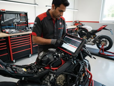 Mecânico de motos usando um tablet para diagnóstico eletrônico em uma oficina limpa, com ferramentas organizadas e iluminação clara, foco no tablet e nas mãos do mecânico. Tom de preto e vermelho.