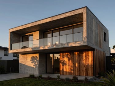 Wide architectural crop of a modern Perth home at sunset, sharp concrete lines and raw timber cladding, dramatic low-key lighting with warm light cutting through deep shadows.