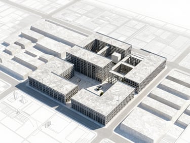 Architectural rendering or diagram of a city planning document, minimalist, with focus on grid lines and structural elements, sharp natural daylight, 35mm
