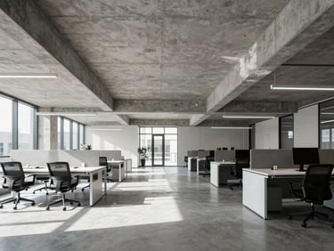 Modern, open-plan office interior with clean architectural lines, natural light, exposed concrete ceiling, and minimalist furniture.