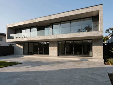 Wide-angle view of a minimalist luxury home exterior at dawn, sharp shadows, concrete and glass, dramatic lighting.