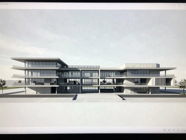 Architectural visualization of a BIM model on a screen, demonstrating technical precision and project management, with a clean, minimalist aesthetic.