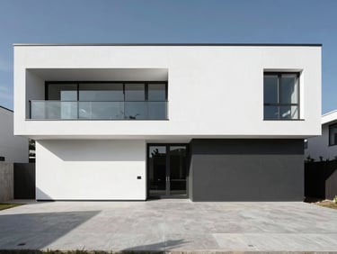 Wide-angle exterior elevation of a modern, minimalist residential home with clean architectural lines, stark white walls, and deep charcoal accents under harsh directional sunlight, 35mm