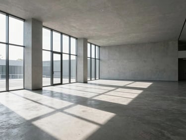 Empty, sun-drenched interior of a modern, minimalist office space with clean architectural lines, concrete floors, and large windows, creating dramatic shadows, wide-angle lens, 35mm