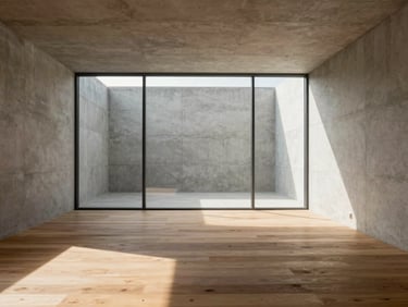 Empty, sun-drenched minimalist interior space, raw concrete walls, warm timber flooring, natural light.