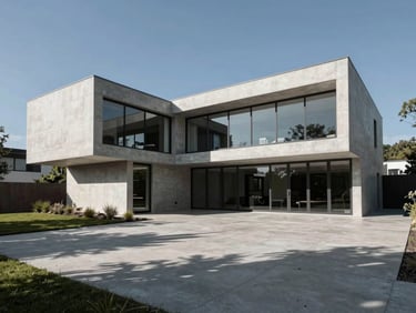 Wide-angle exterior elevation of a modern home, showing its integration with the natural site context, harsh sunlight creating strong shadows.
