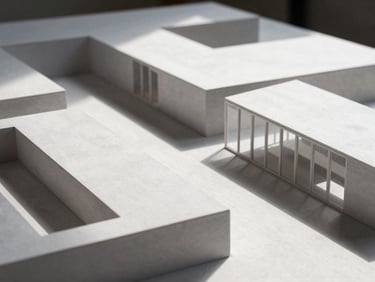 Abstract architectural model with clear zoning divisions, bathed in sharp natural light, minimalist.
