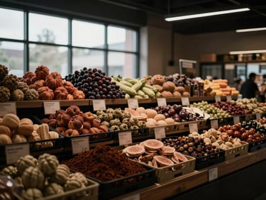 Wide environmental shot of a modern food market with soft shadows, rich earth tones, moody editorial photography, 35mm