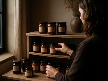Over-the-shoulder shot of agency staff arranging artisanal jars on a wooden display, cozy Scandinavian-style, soft window light