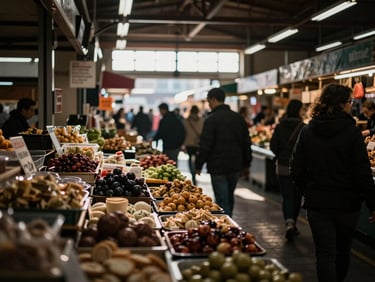 Wide shot of a bustling indoor food market aisle, soft directional light casting warm shadows, moody editorial photography