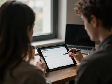 Over-the-shoulder shot of agency staff reviewing a content calendar on a tablet, soft window light, moody editorial photography, 35mm