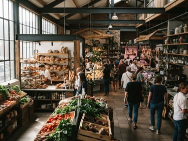 Wide environmental shot of a modern food market, soft directional natural light highlighting fresh produce and artisanal goods on shelves, 35mm moody editorial photography
