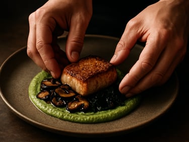 Macro shot of hands plating a moody Scandinavian-style dish, rich high-contrast earth tones, soft directional lighting, 35mm