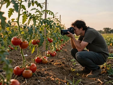 Wide environmental shot of a photographer crouching in a farm field at golden hour, shooting close to the soil where a row of ripe tomatoes sits on the vine, warm amber light raking across the ground from the left