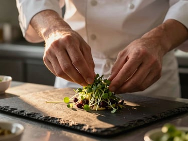 Close-up of a chef's hands carefully placing microgreens on a plated dish on a dark slate surface, golden hour light raking across the plate from the left, blurred kitchen background