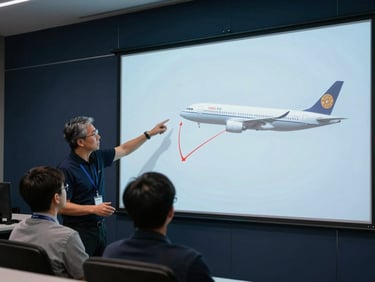 Instructor and student reviewing flight paths on a large digital display in a briefing room, focused expression, cool lighting, deep navy and steel tones.