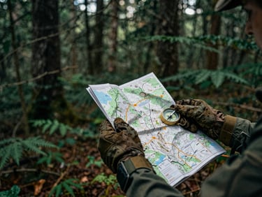 Cadet's hands holding a topographic map, compass needle pointing north, dense forest background, muddy tactical gloves, deep green and earthy tones, moody tactical photography, overcast forest daylight, 35mm.