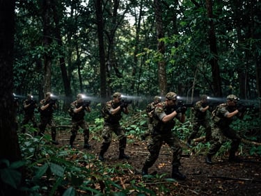 Group of cadets in military uniform practicing night orienteering in a dark forest, faint headlamp beams, dense trees, moody tactical photography, overcast forest daylight, 35mm.