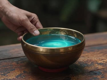 Close-up of a traditional kava tanoa bowl on a worn wooden surface, cyan neon light reflecting off the liquid surface, hand reaching in from the left edge, dark moody background with shallow depth of field