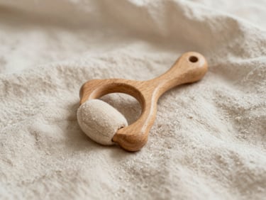 Close-up of a small, smooth wooden rattle and a soft organic cotton teether on a beige linen fabric, diffused natural light.