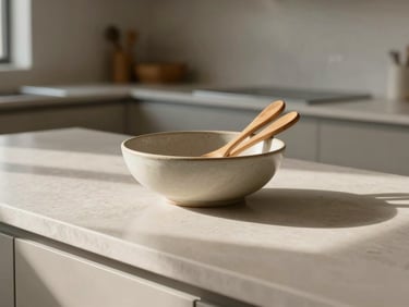 Sun-drenched modern kitchen counter with a ceramic bowl and wooden utensils, soft natural morning light, neutral earth tones, focus on texture