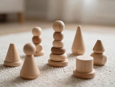 Neutral-toned wooden stacking toys on a soft rug, diffused natural light, elegant composition, shallow depth of field