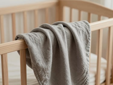 Soft organic cotton baby blanket in a muted charcoal tone draped over a light wooden crib, gentle morning light, focus on texture.