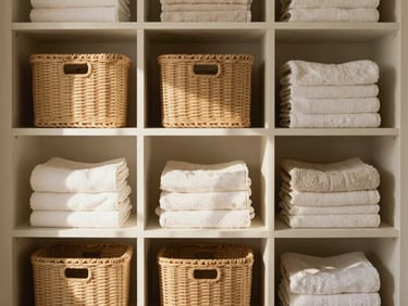 Neatly organized linen closet with woven baskets and folded towels, soft morning light, warm beige tones, editorial framing