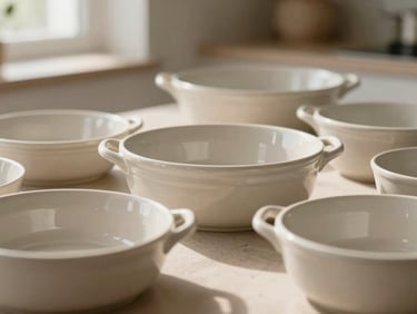 Elegant ceramic bakeware set in a sun-drenched kitchen, soft natural morning light, neutral earth tones, shallow depth of field