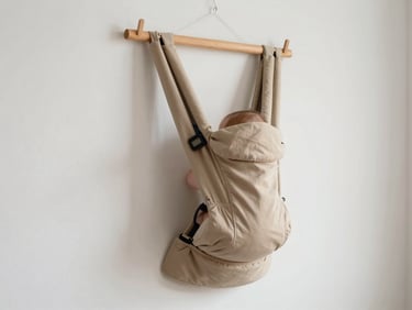 Elegant, minimalist baby carrier in a warm beige fabric, hanging on a wooden peg against a clean white wall, focus on material.