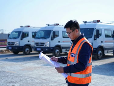 Medium shot of a PMSG team member in a high-visibility vest examining blueprints on a construction site, marked fleet vehicles visible in the background, crisp daylight, cool blue tones with high-visibility orange accents, sharp focus, 35mm lens