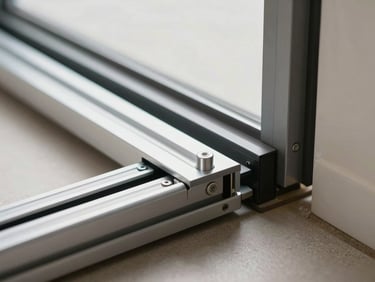 Macro shot of a flush-mounted floor track for sliding doors, clean anodized aluminum finish, sharp daylight.