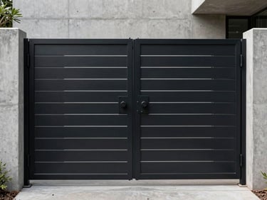 Modern minimalist black aluminum gate with clean horizontal lines, integrated into a raw concrete architectural wall
