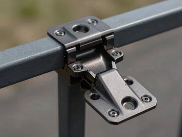 Close-up of a custom anodized aluminum gate hinge, precise miter joint, matte black finish.