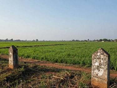 Agricultural and investment land parcel in rural Andhra Pradesh, green fields visible beyond, boundary stone at foreground, wide landscape framing, clear daylight sky