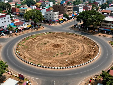 Commercial plot at a main road junction in an Andhra Pradesh town, flat cleared land, signage post visible at corner, daylight, wide environmental framing showing road frontage